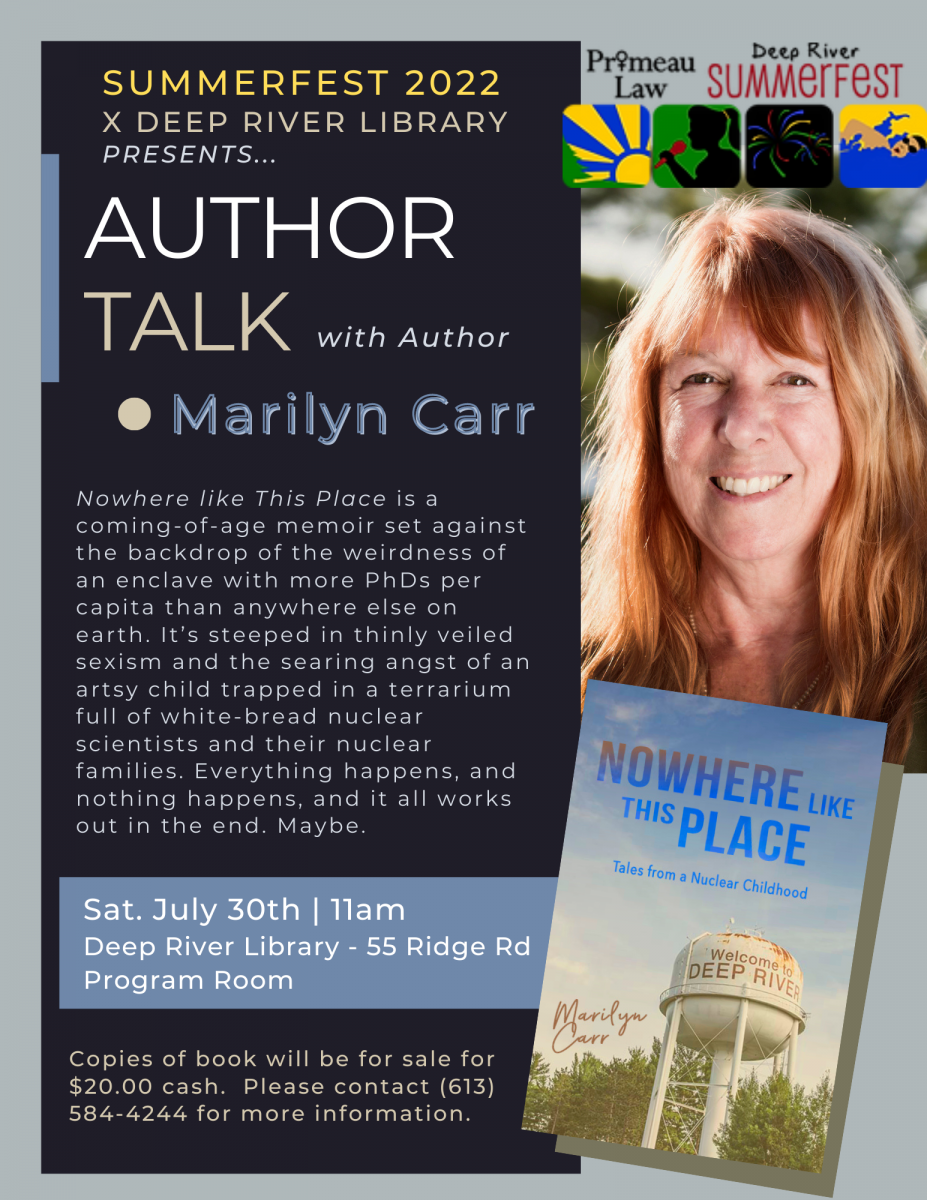 Flyer for Marilyn Carr author event in Deep River July 30, 2022