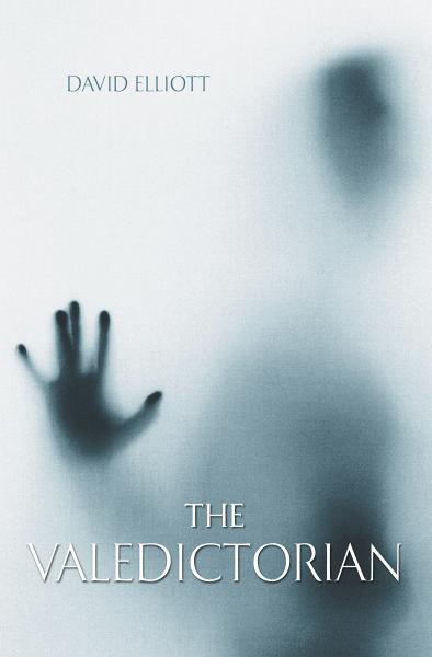 An image of a book cover with a person behind frosted glass. The text says "The Valedictorian."