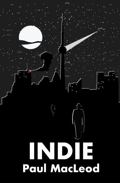 A dark book cover with the silhouette of a ruined downtown Toronto. The title is Indie.