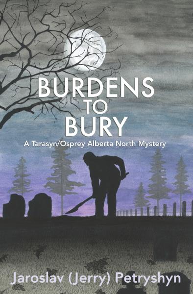 A book cover with an illustration of a man digging in a graveyard at night.