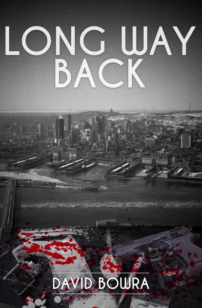 A book cover with a black and white photo of Montreal in the 1980s, taken from the air. There is blood and guns overlaying the photo at the bottom.