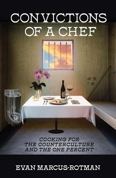 A book cover with a table set for a fancy meal inside a prison cell