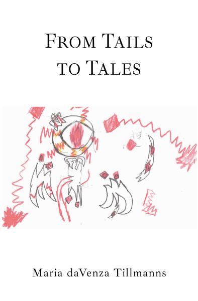 Book cover for From Tails to Tales. The artwork is a child's drawing of a sunset, with red and black squiggles