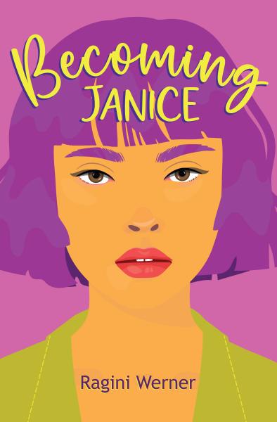 A book cover showing a woman with a short bob haircut with blunt bangs and full lips looking directly at the viewer. Her hair and eyebrows are purple and her eyes are light brown.