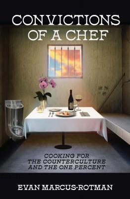 A book cover with a table set for a fancy meal inside a prison cell