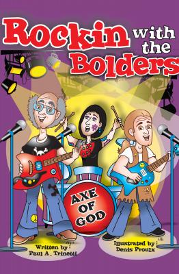 Book cover with a cartoon band featuring an old man with grey hair, a teenaged girl with black hair and a middle-aged man with brown hair.