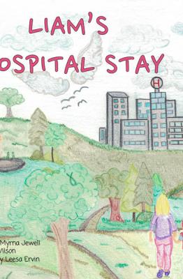 A drawing of a child between two women. They are walking through a park with grass and trees toward a city with a big hospital sign over top of it